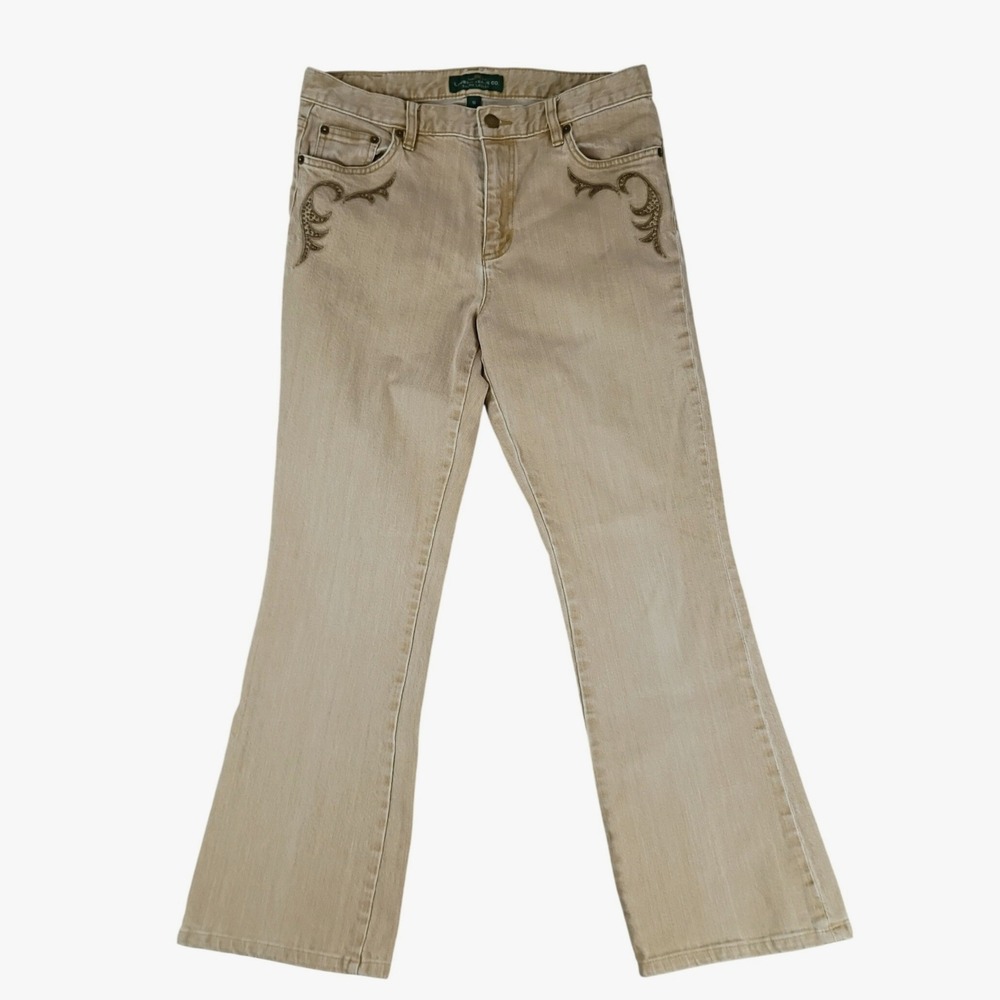 Lauren Ralph Lauren Jeans Women 10 30X29 Tan Classic‎ Bootcut Beaded Boho Flare